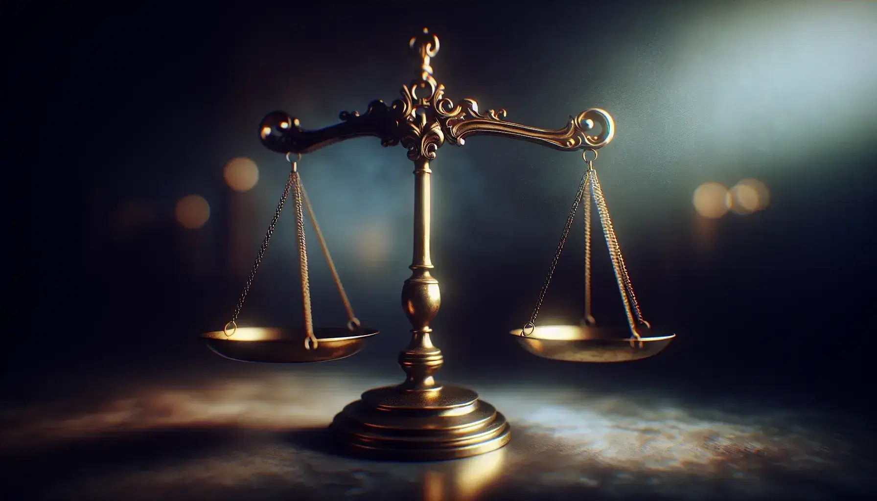Balanza de justicia equilibrada de metal brillante sobre superficie oscura con iluminación suave y fondo desenfocado.