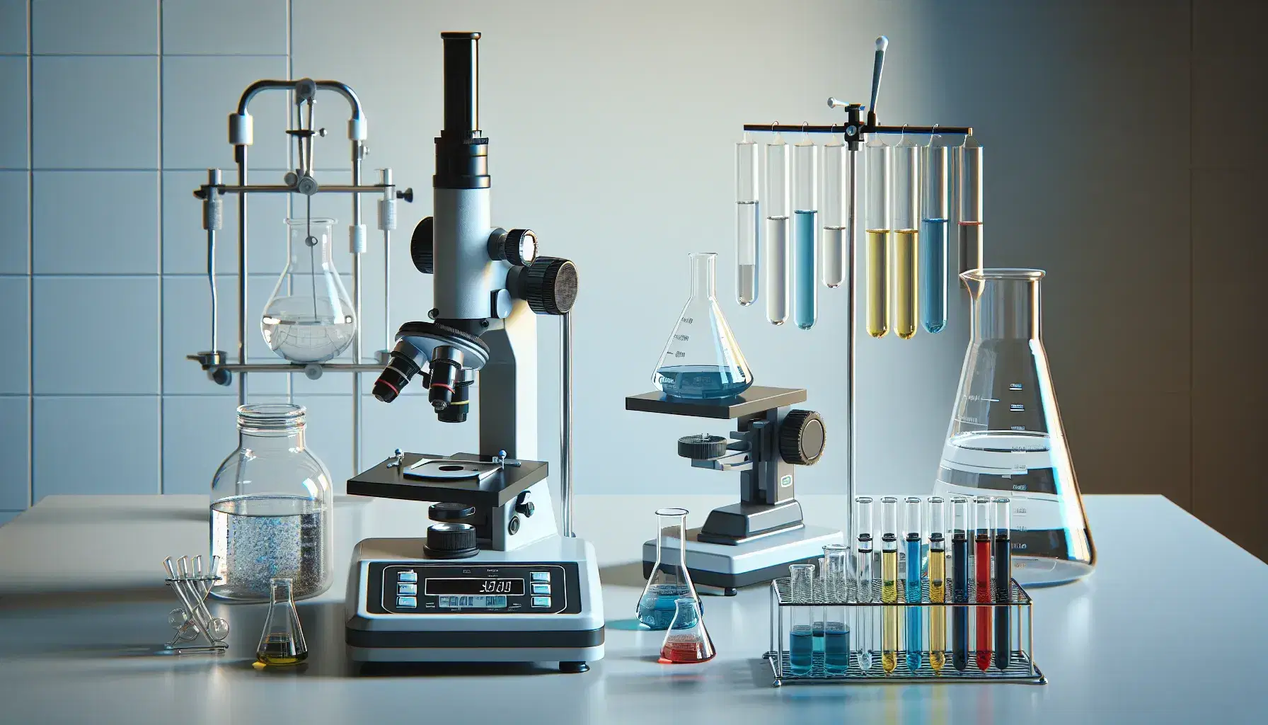 Mesa de laboratorio con microscopio, balanza analítica, tubos de ensayo con líquidos de colores y embudo de separación con líquidos inmiscibles.