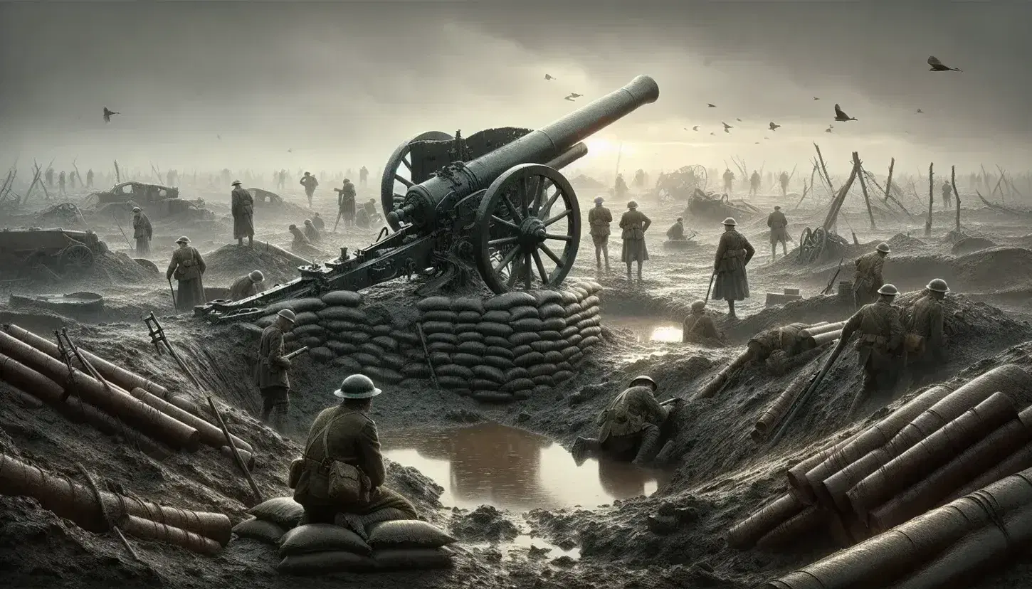 Campo di battaglia della Prima Guerra Mondiale con cannone centrale, crateri d'acqua, trincea danneggiata, filo spinato e silhouette di soldati sfocati.