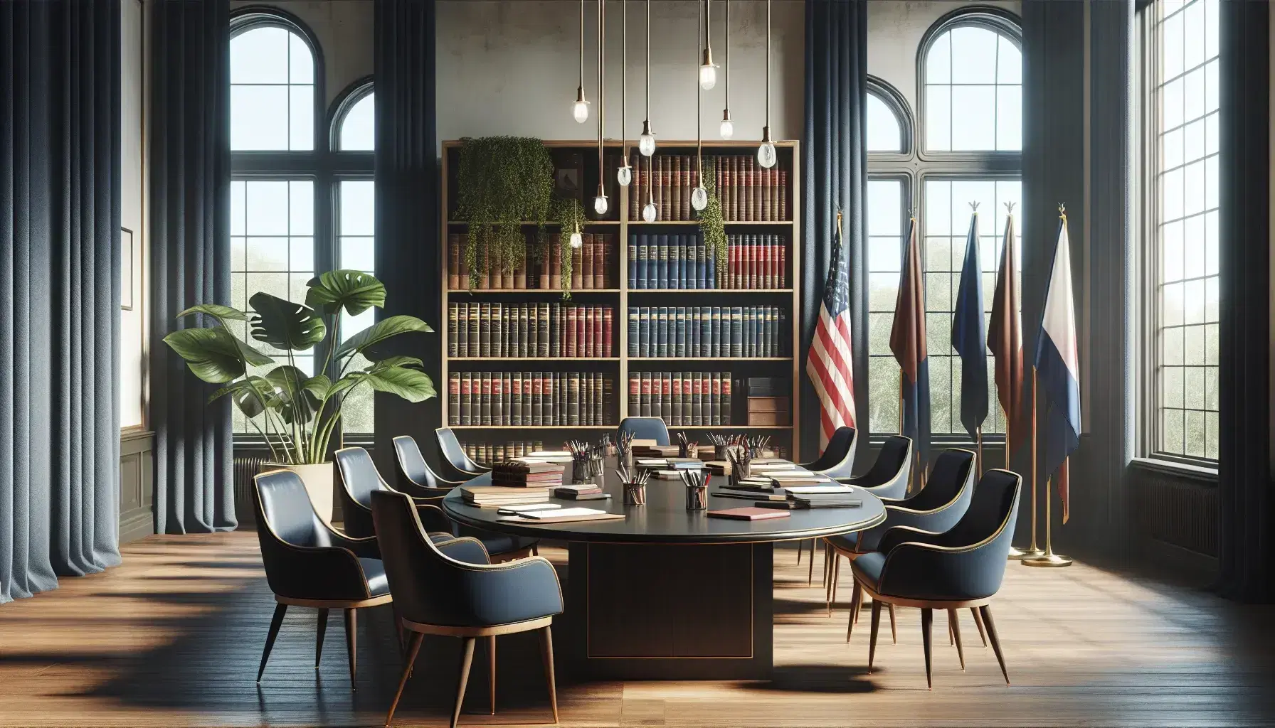 Sala de reuniones iluminada con mesa ovalada de madera, sillas azules, estantería con libros, bandera sin insignias y planta verde.