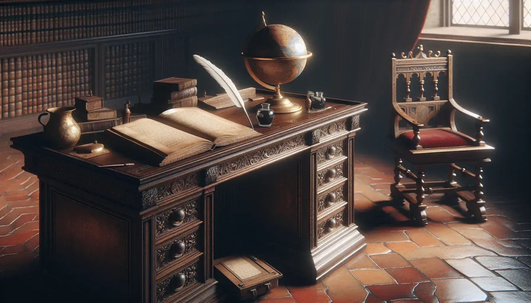 Renaissance study room with a wooden desk, open book, quill and inkwell, high-backed chair with red velvet, terracotta tiled floor, and a globe.