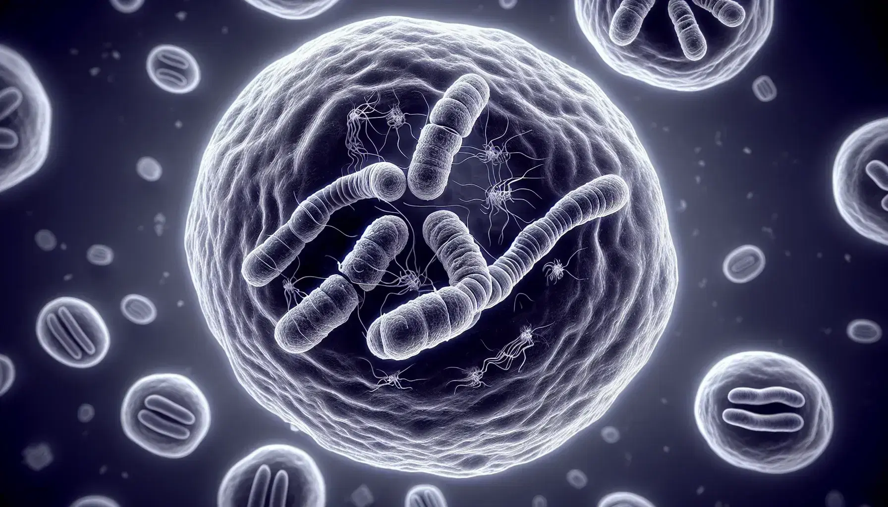 Eukaryotic cell undergoing mitosis with X-shaped chromosomes and microtubules, surrounded by other blurry cells in the background.