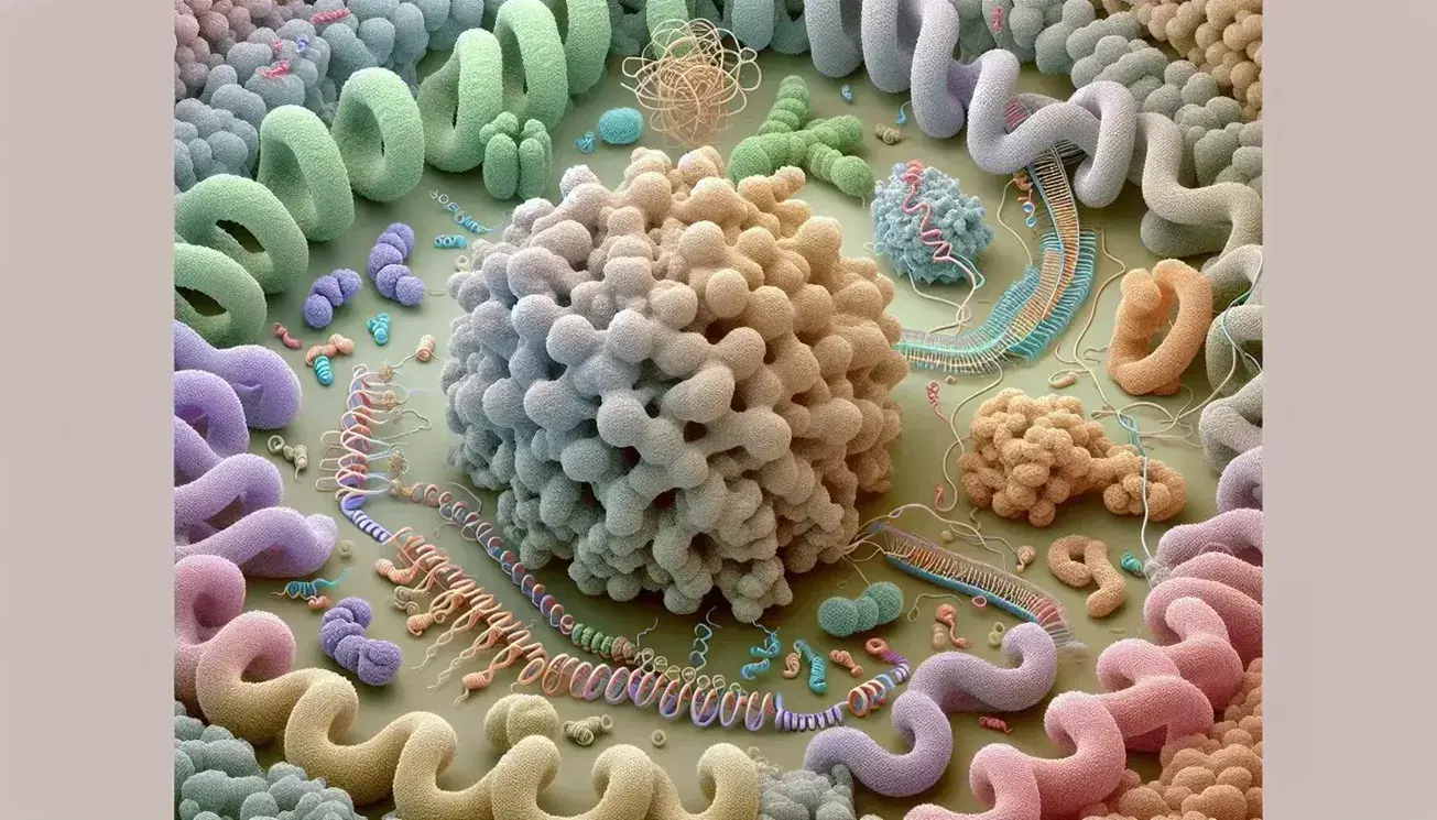 Vista microscópica de una célula eucariota durante la traducción con ribosoma, ARNm y moléculas de tARN en colores variados formando una cadena polipeptídica.