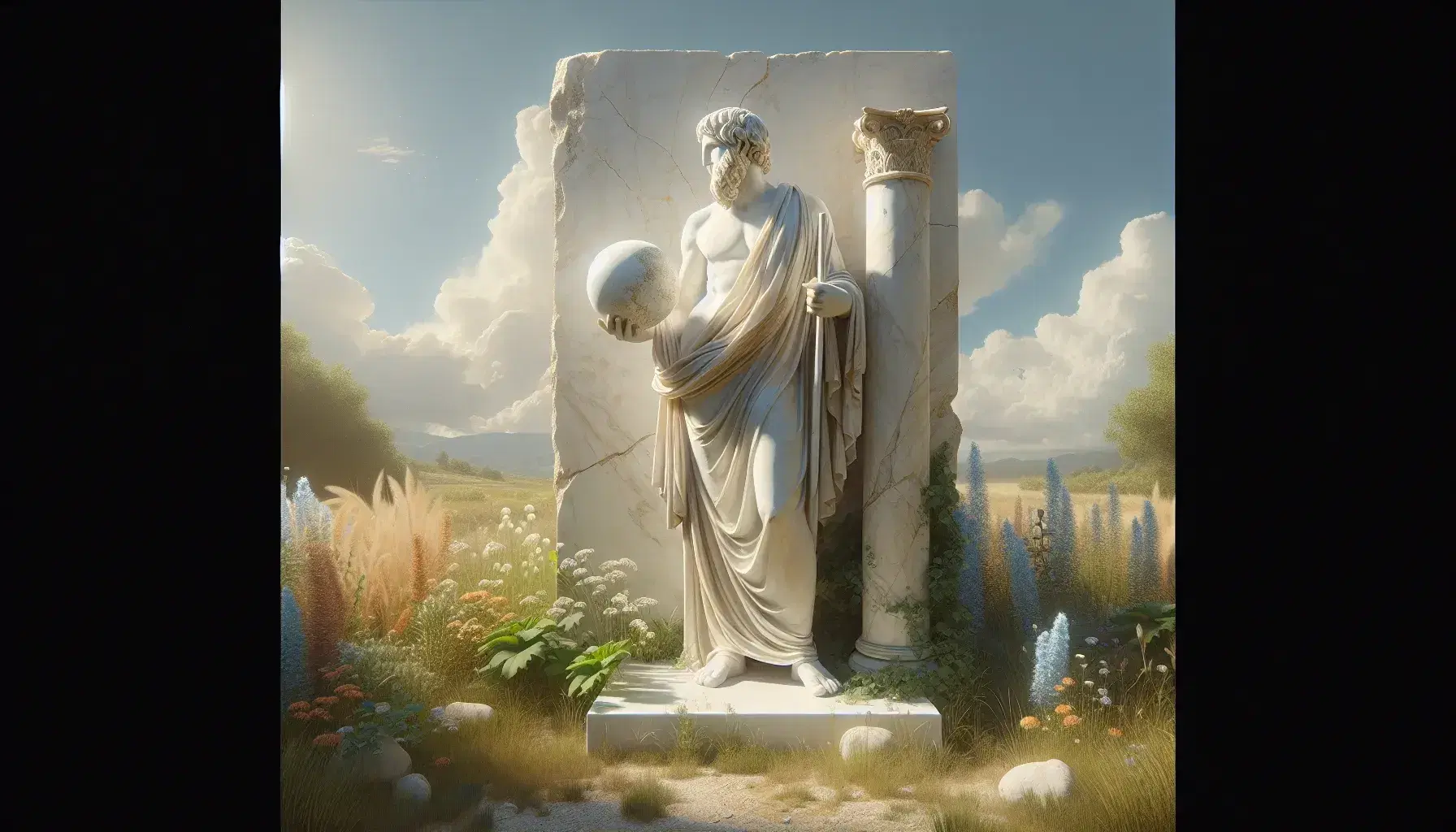 Estatua de mármol blanco de filósofo presocrático con túnica y esfera en mano, apoyado en columna, en paisaje natural con cielo azul y vegetación.