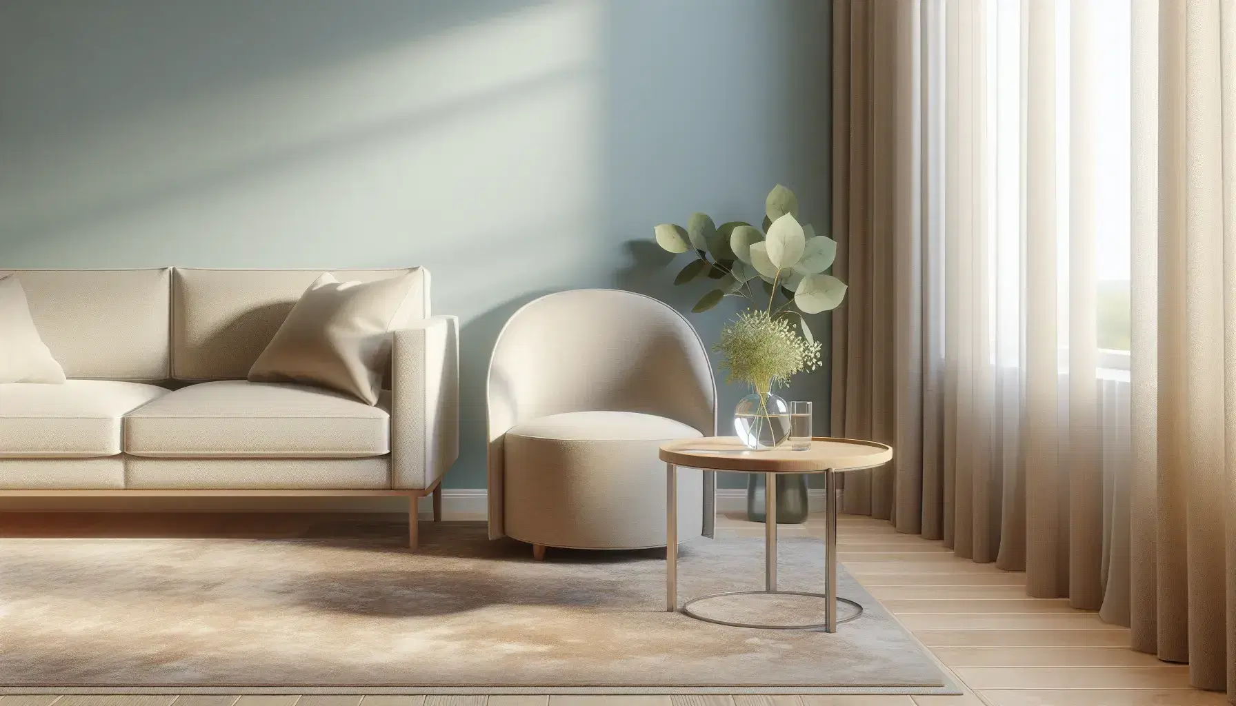 Peaceful therapeutic office with beige armchair, matching sofa, coffee table with vase of green leaves, light blue walls and natural light.