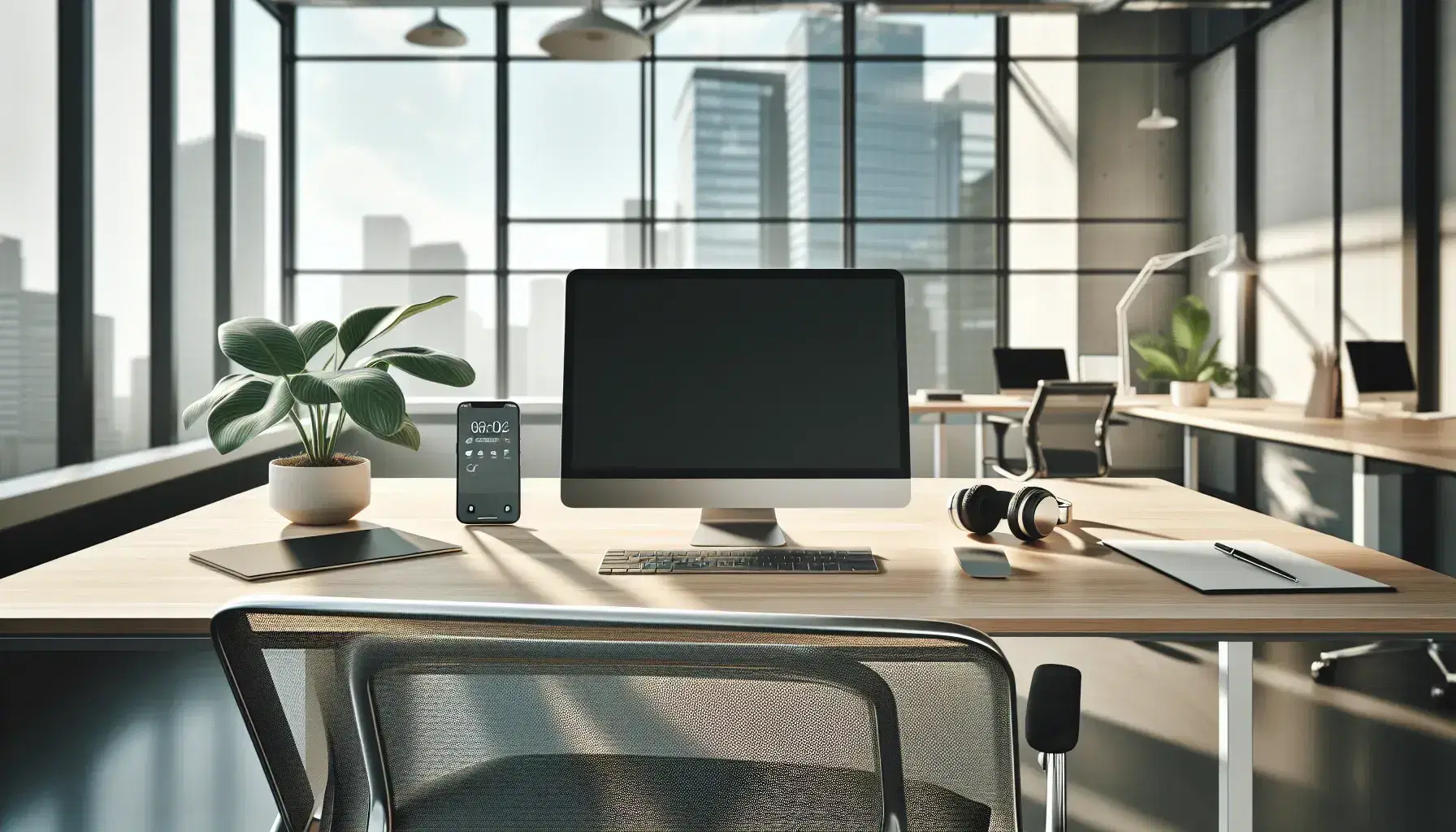 Oficina moderna y luminosa con escritorio de madera, portátil abierto, smartphone, auriculares inalámbricos, silla ergonómica y planta interior, grandes ventanas con luz natural.