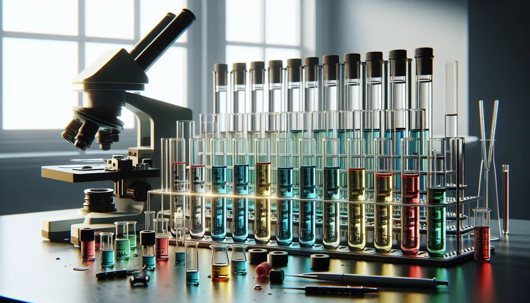 Serie di provette in vetro con tappi colorati e liquidi variopinti su banco laboratorio accanto a microscopio moderno, illuminazione naturale.