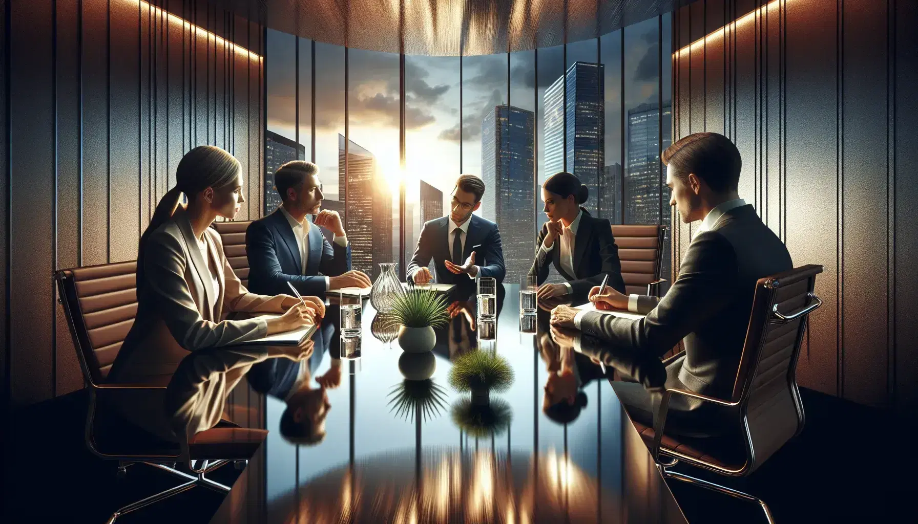 Modern conference room with a round wooden table, four professionals in discussion, cityscape through the window, and a plant adding a natural touch.