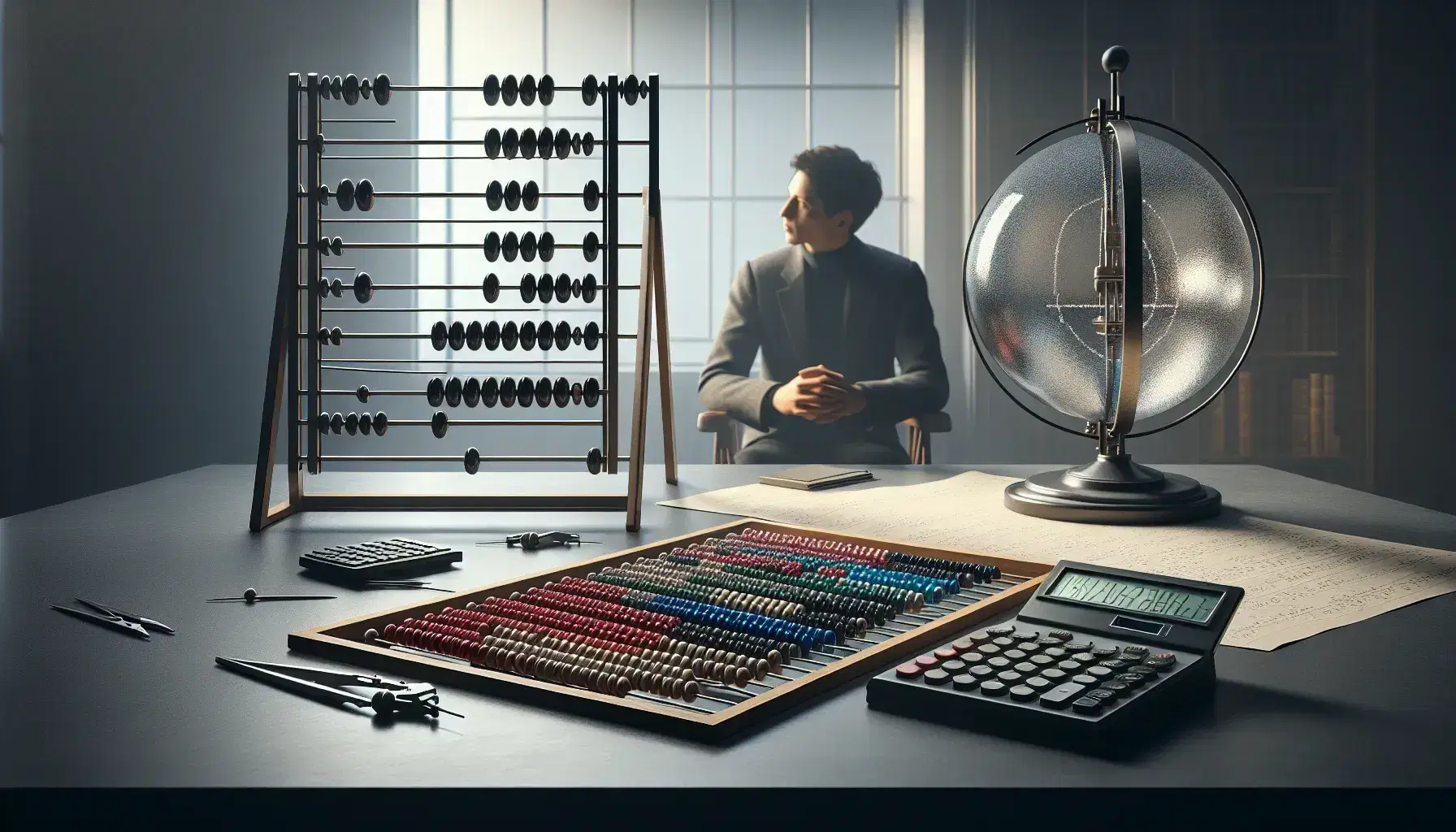 Person at desk with abacus, mechanical calculator, glass sphere, and compass, poised for mathematical analysis in a softly lit room.