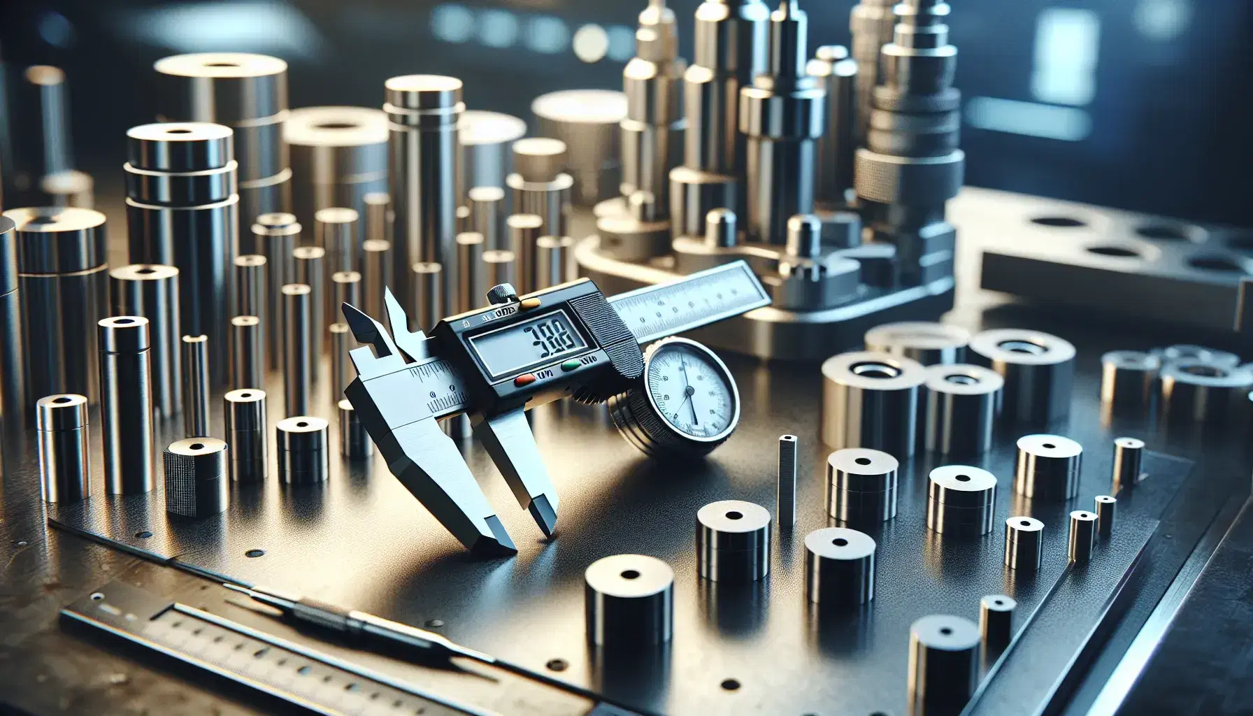 Strumenti di misura in laboratorio industriale con calibro digitale, micrometro e indicatore a quadrante su banco da lavoro.