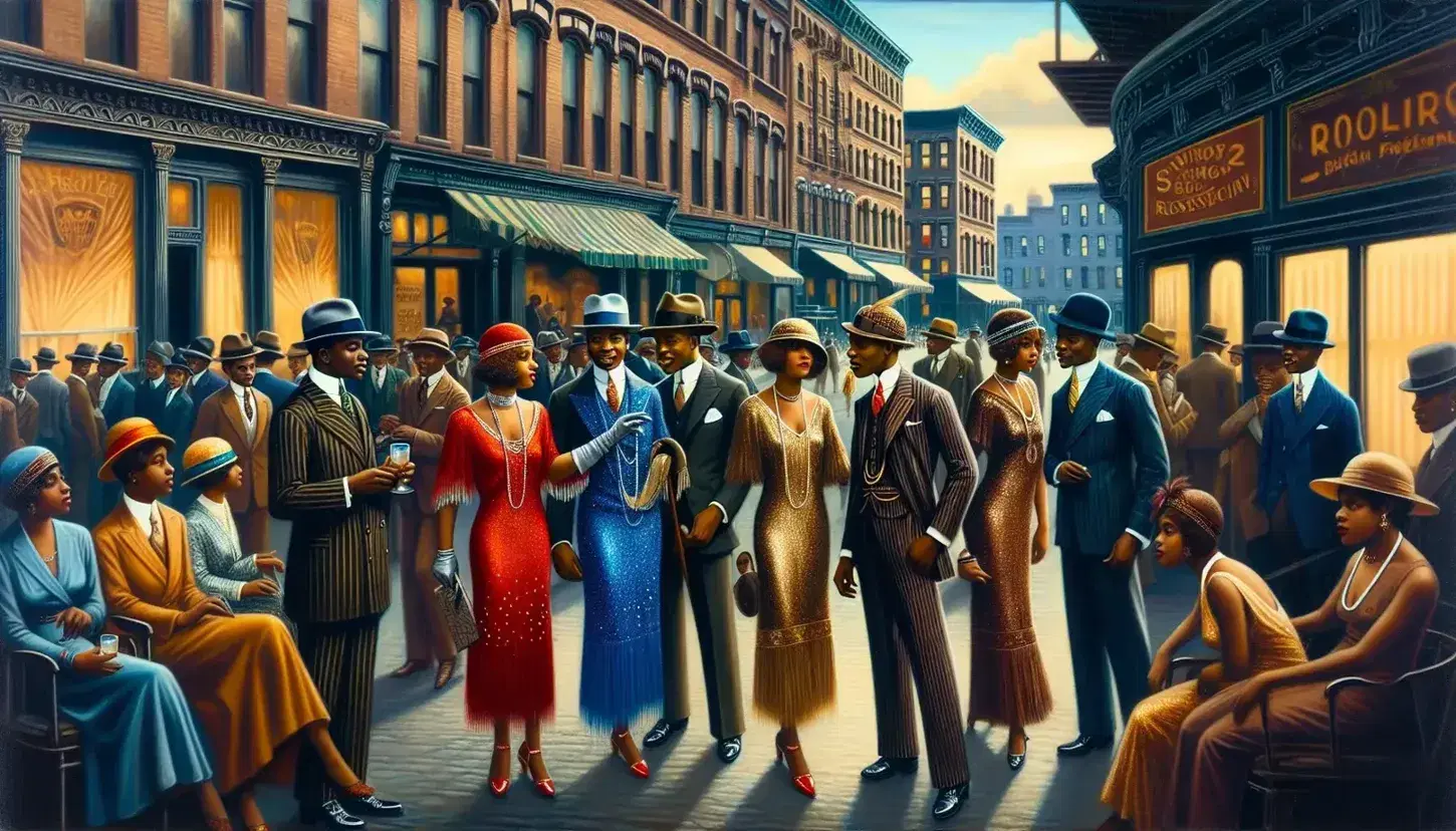 Elegantly dressed African American crowd socializing on a bustling 1920s Harlem street, with vintage cars and a jazz band playing in the sunshine.