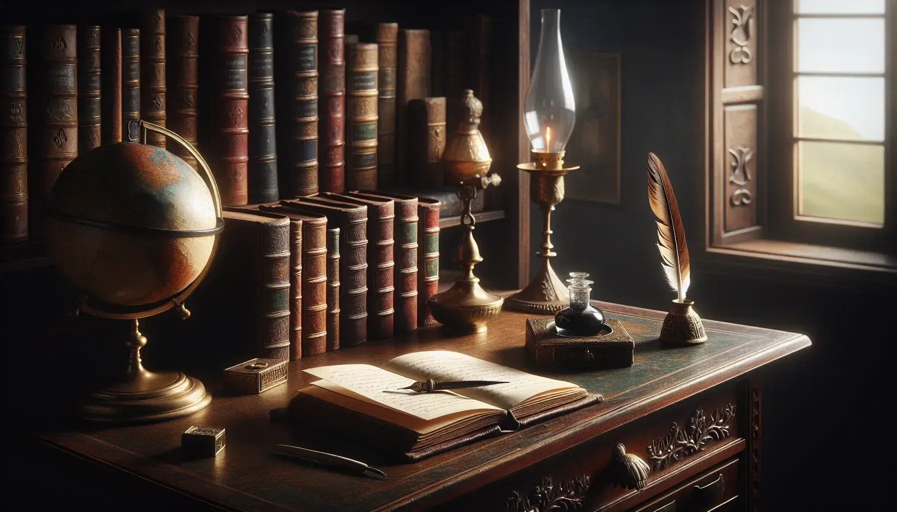 Vintage writing desk with open leather notebook, quill, brass inkwell, and oil lamp, beside a bookshelf and globe in a softly lit room.