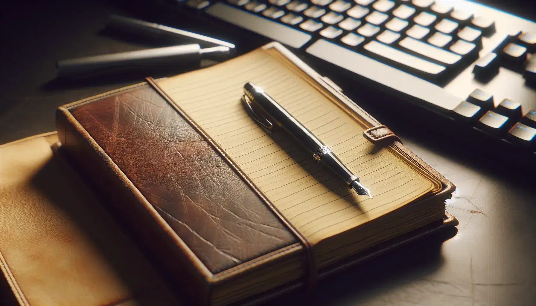 Diario antiguo de tapa dura marrón con esquinas desgastadas y páginas amarillentas junto a pluma fuente negra y teclado de computadora moderno desenfocado.