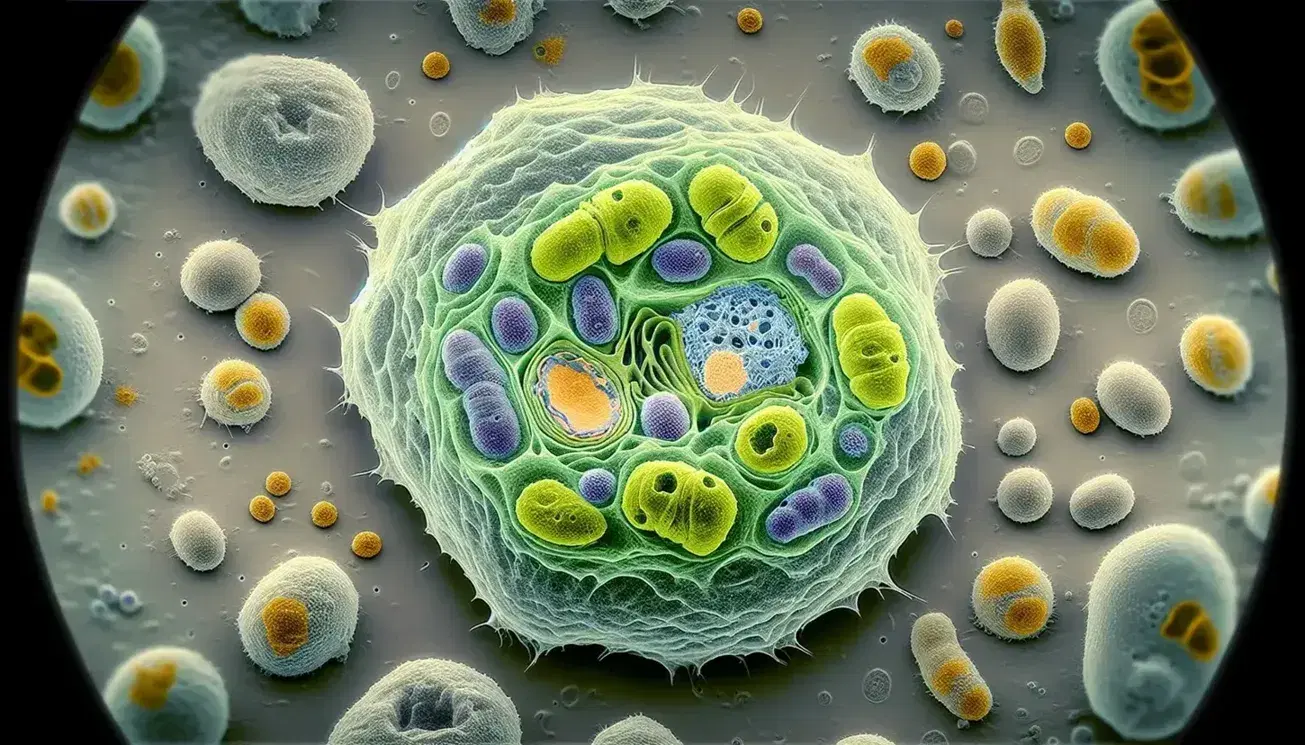 Micrografía electrónica colorizada de célula eucariota con núcleo esférico, mitocondrias verdes y amarillas y vesículas azules en citoplasma.