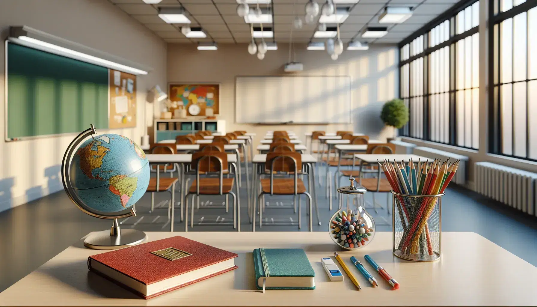 Bright modern Spanish classroom with a wooden table holding a red textbook, green notebook, pencil, eraser, and sharpener, with desks and whiteboard in the background.