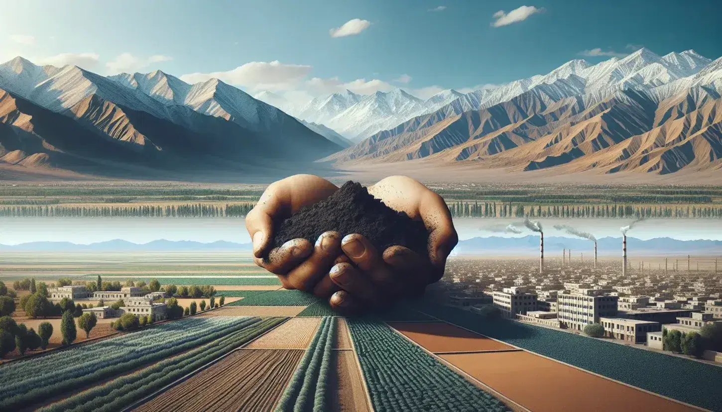 Paesaggio naturale dell'Asia Occidentale con mani che tengono terra fertile, campi coltivati, montagne innevate, cittadina e impianto industriale.