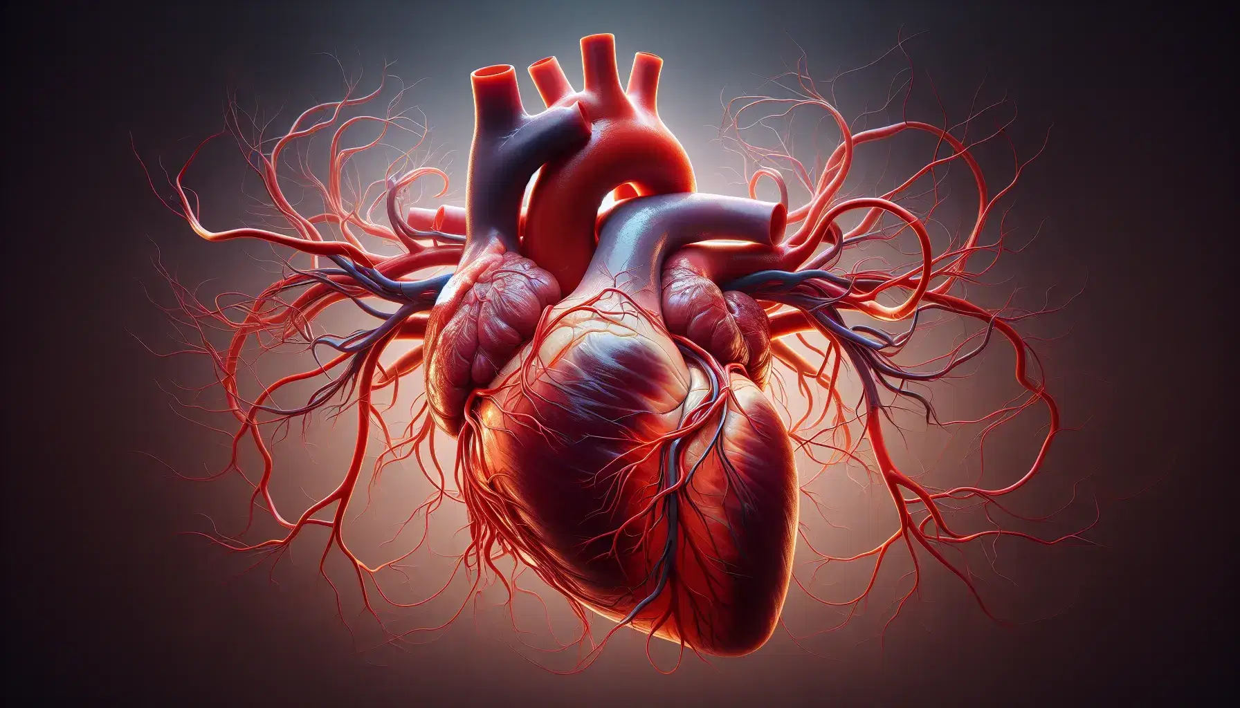 Corazón humano tridimensional realista con cámaras y red de vasos sanguíneos en tonos rojos y azules, iluminación suave y fondo neutro.