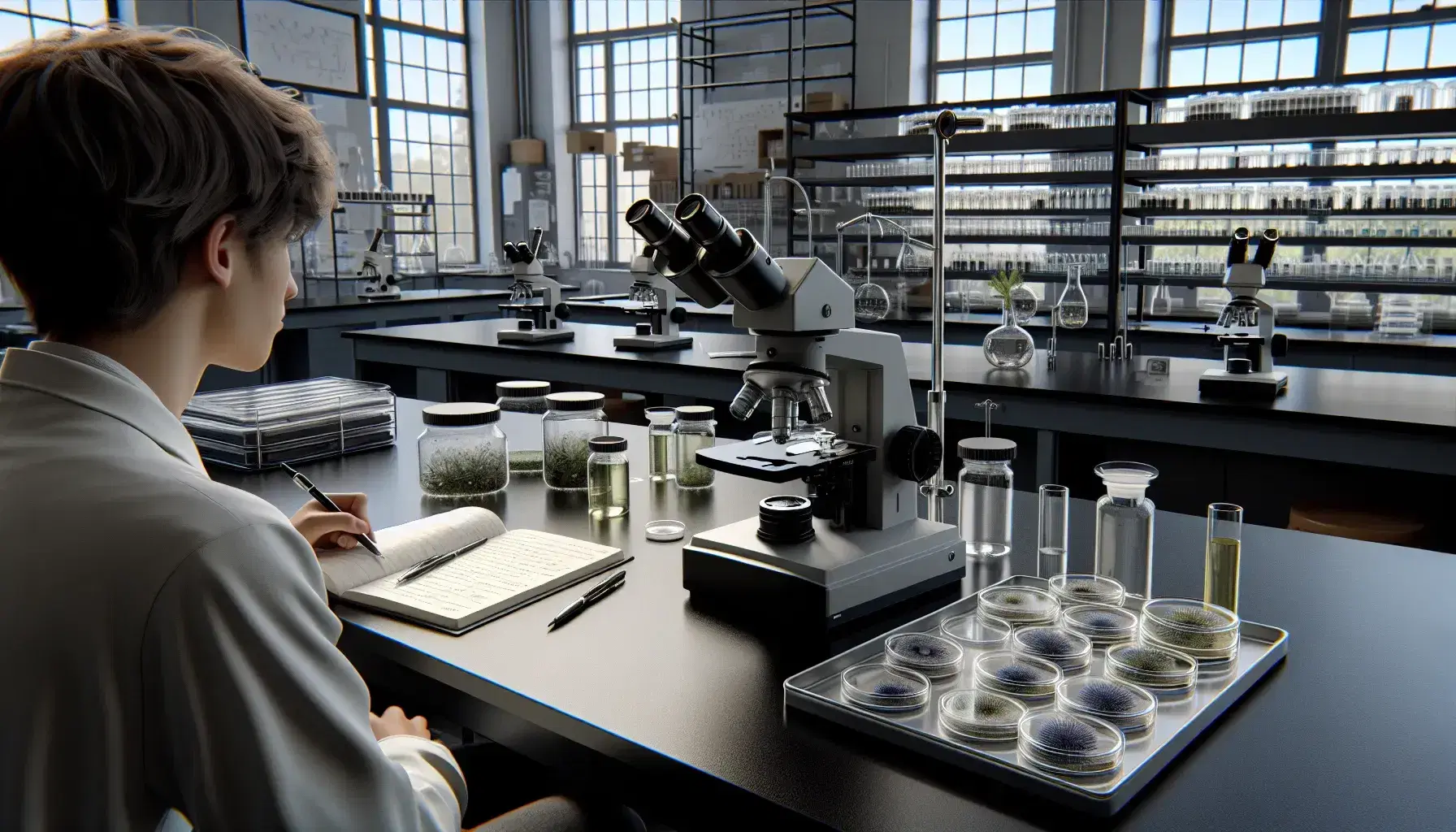 Aula de ciencias con mesas de laboratorio y microscopios ópticos, estudiantes en batas blancas examinando muestras vegetales y tomando notas, frascos en estantería y luz natural.