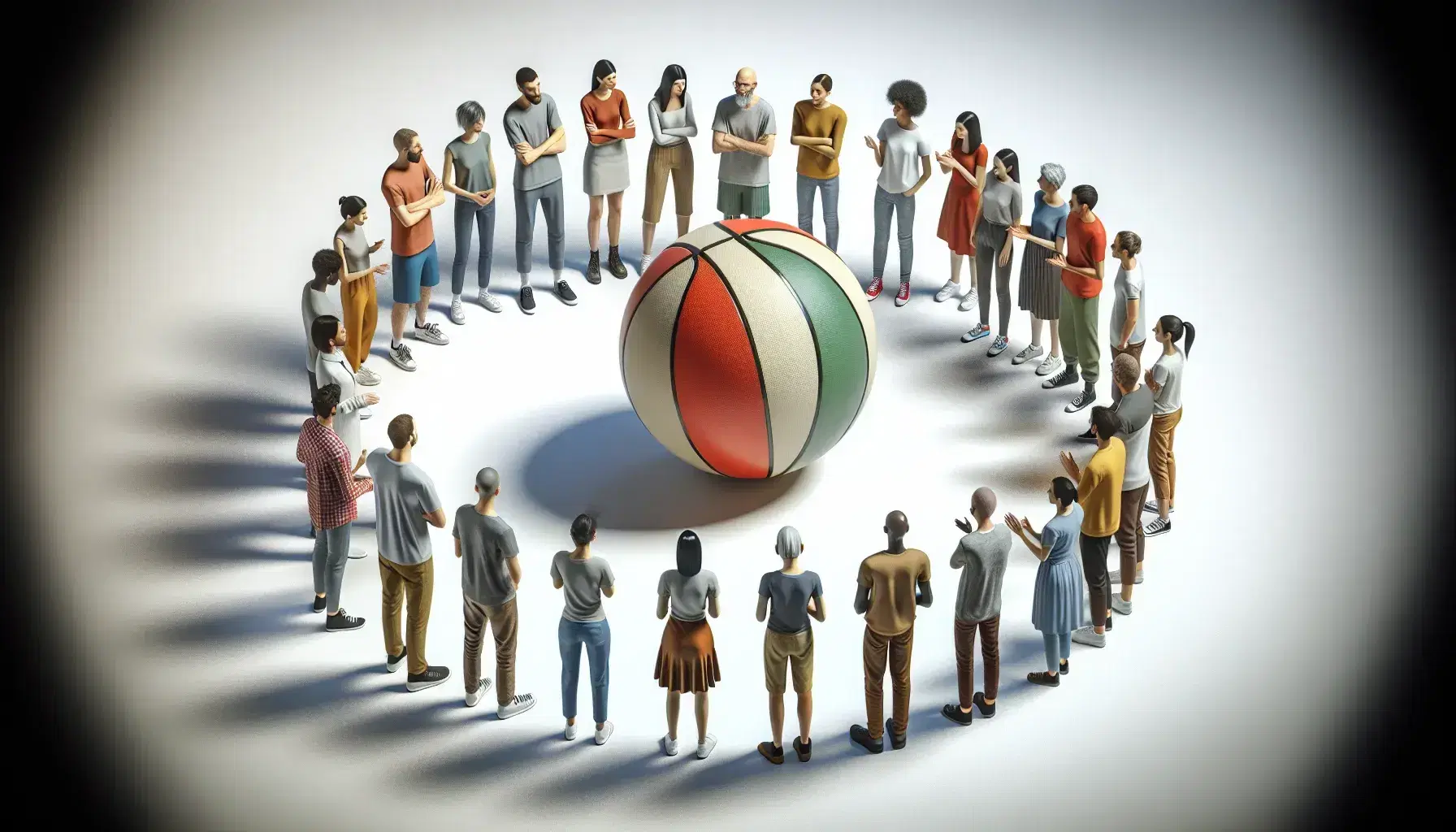 Grupo diverso de personas en conversación alrededor de una esfera de vidrio reflectante sobre pedestal en fondo neutro.