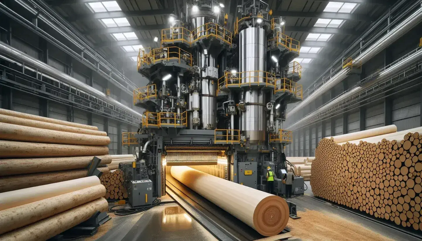 Impianto di lavorazione del legno moderno con macchinario metallico che trasforma tronchi in assi, operatore in primo piano.