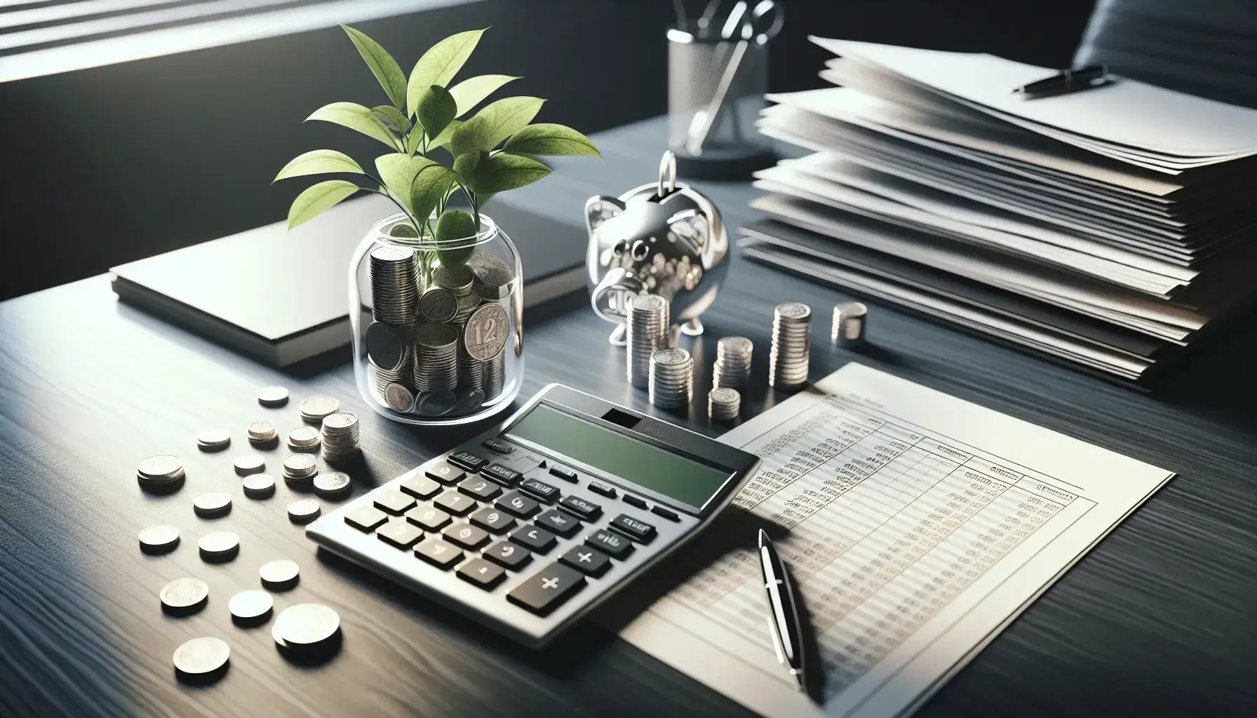 Modern calculator, financial papers with charts, and a glass piggy bank with coins on a dark wooden desk, accompanied by a small potted plant.