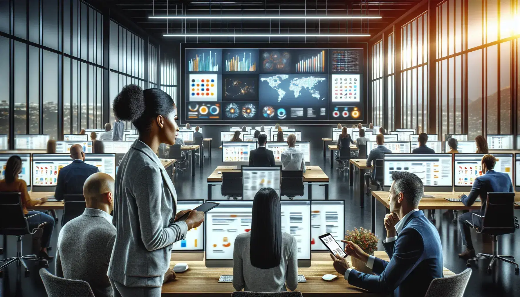 Digital marketing team analyzes data and strategies; woman examines charts on touchscreen, man reviews website images, another checks social media posts.