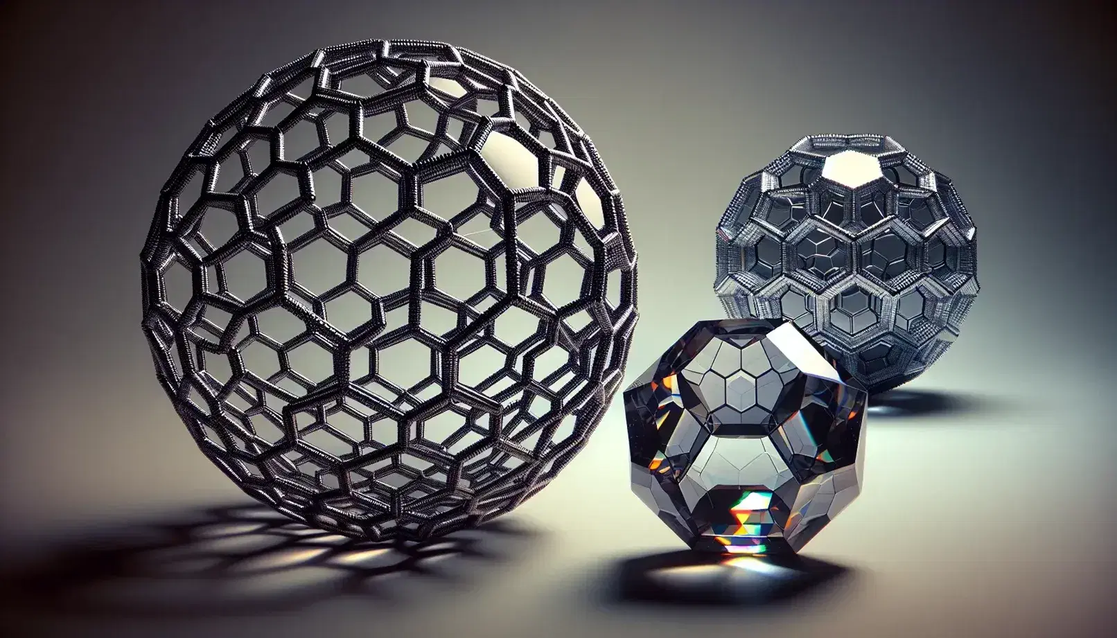 Graphite in hexagonal structure, transparent octahedral diamond that refracts light and shiny black buckyball on neutral background.