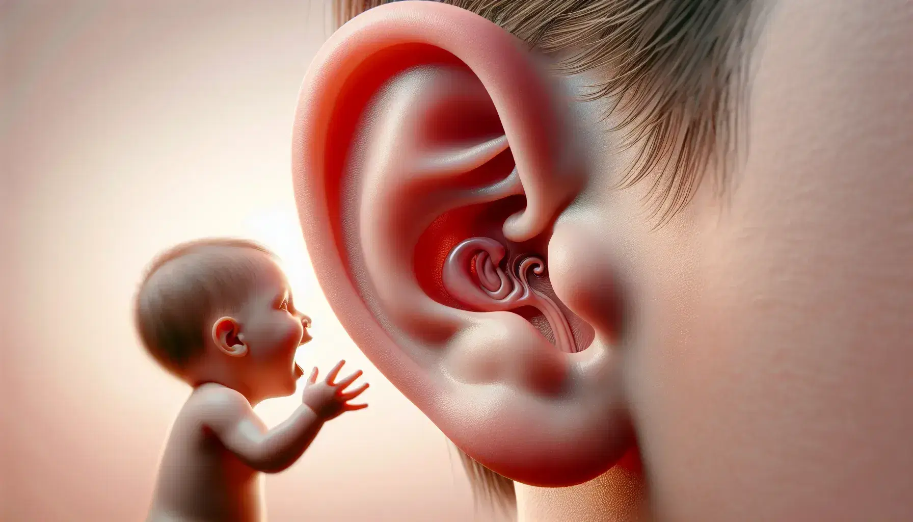 Orecchio umano in primo piano con contorni definiti e bocca semiaperta di bambino con denti da latte, sfondo sfocato con adulto.