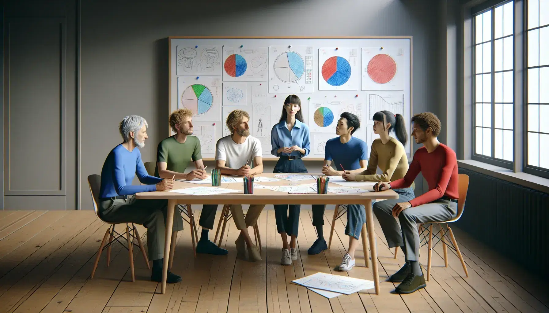 Grupo de cinco profesionales en reunión de trabajo con papeles y diagramas sobre mesa de madera, en una sala iluminada con pizarra al fondo.