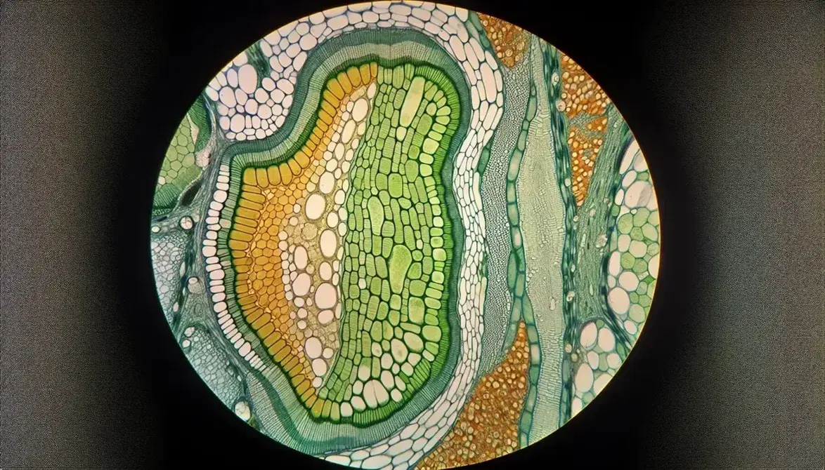 Corte transversal microscópico de una hoja de planta mostrando epidermis, mesófilo esponjoso, vena central con xilema y floema, y mesófilo en empalizada.