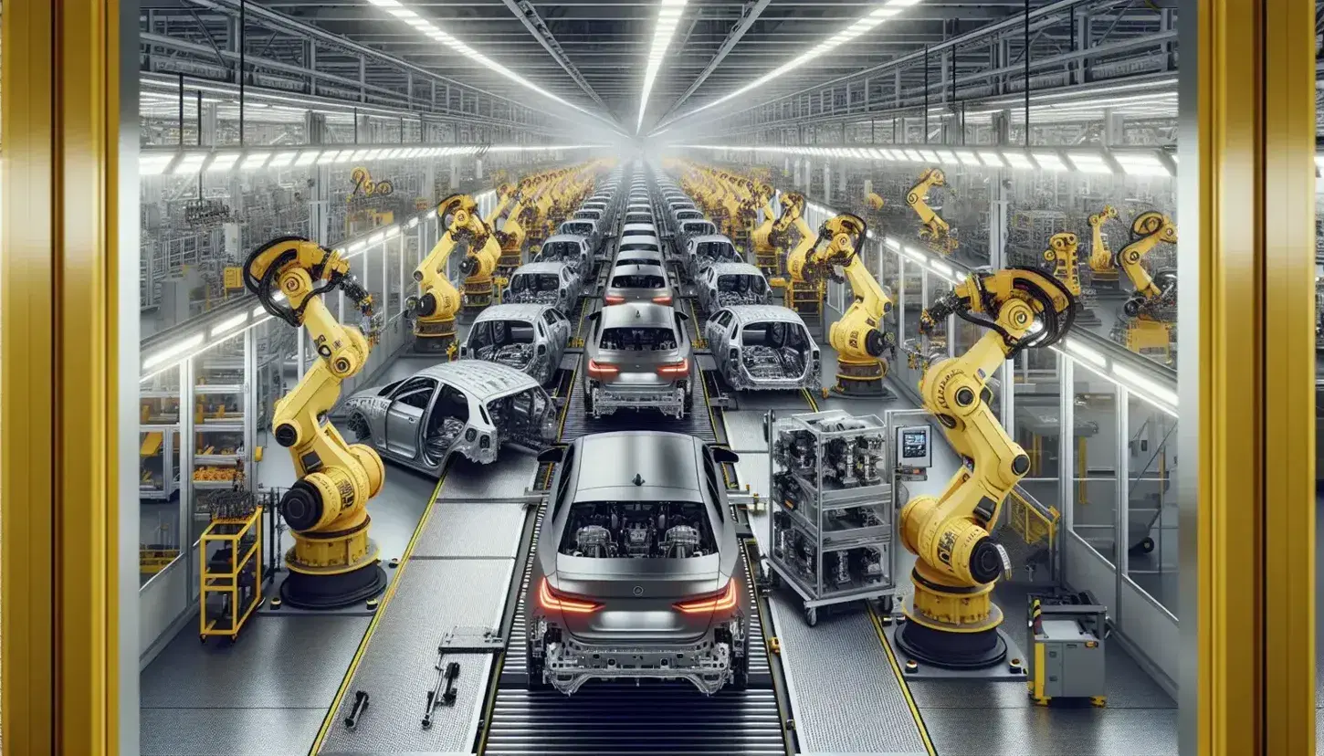 Linea di montaggio robotizzata in fabbrica automobilistica con auto in fase di assemblaggio, operai e bracci meccanici gialli.