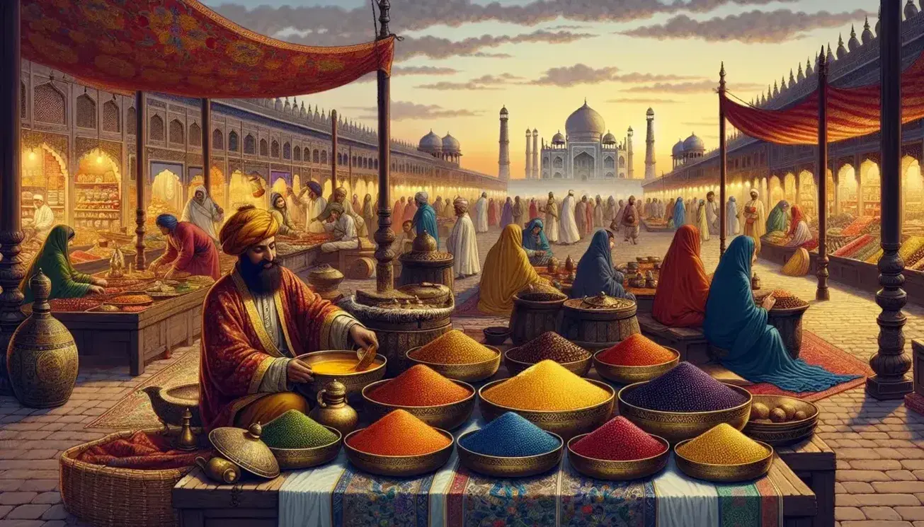 Bustling Mughal marketplace with a spice merchant in a red-gold tunic, brass bowls of spices, shimmering textiles, and grand architecture in the distance.