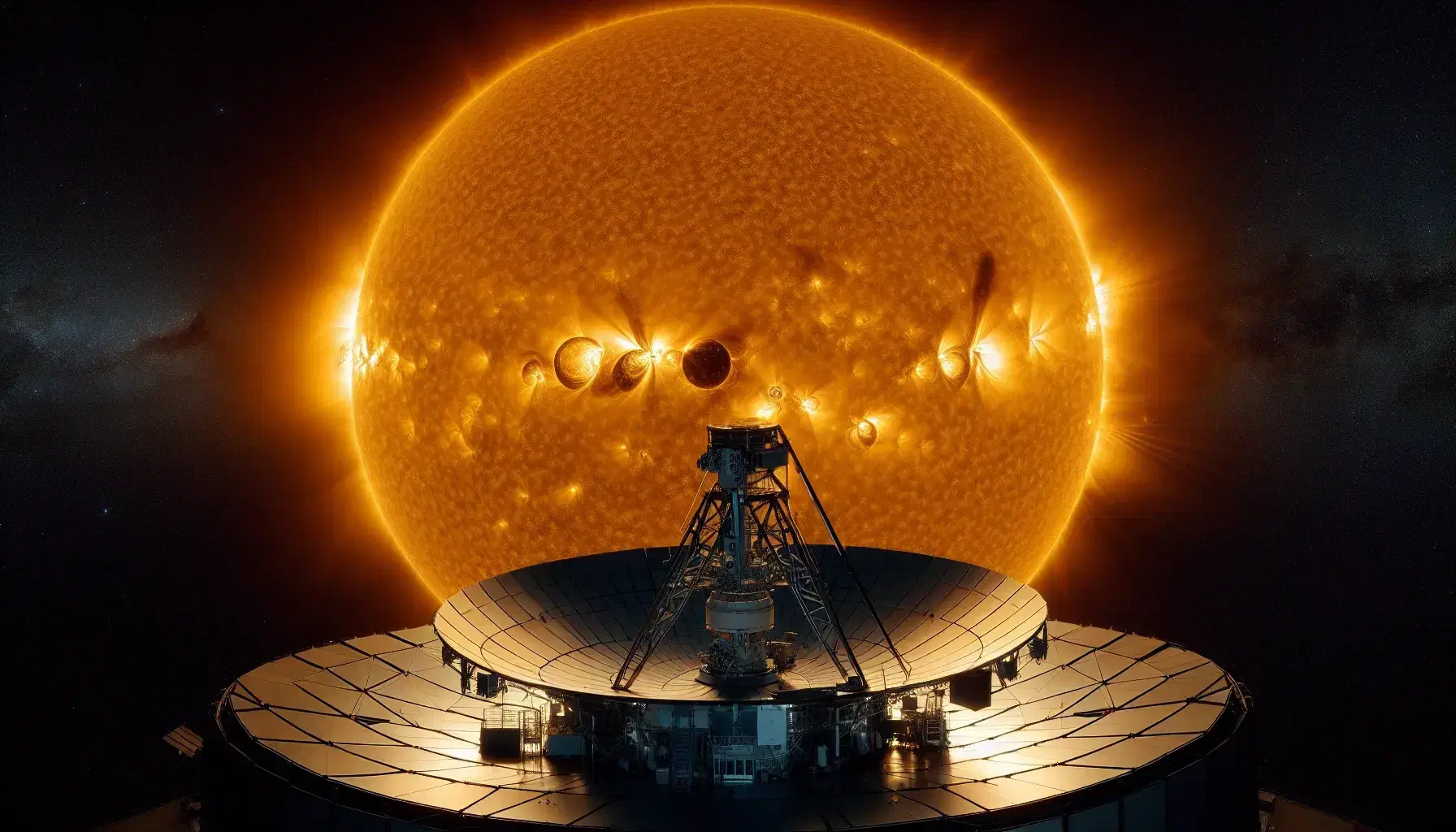 Sole radioso con macchie solari e archi di plasma, in primo piano, e sezione di telescopio solare spaziale contro cielo stellato.
