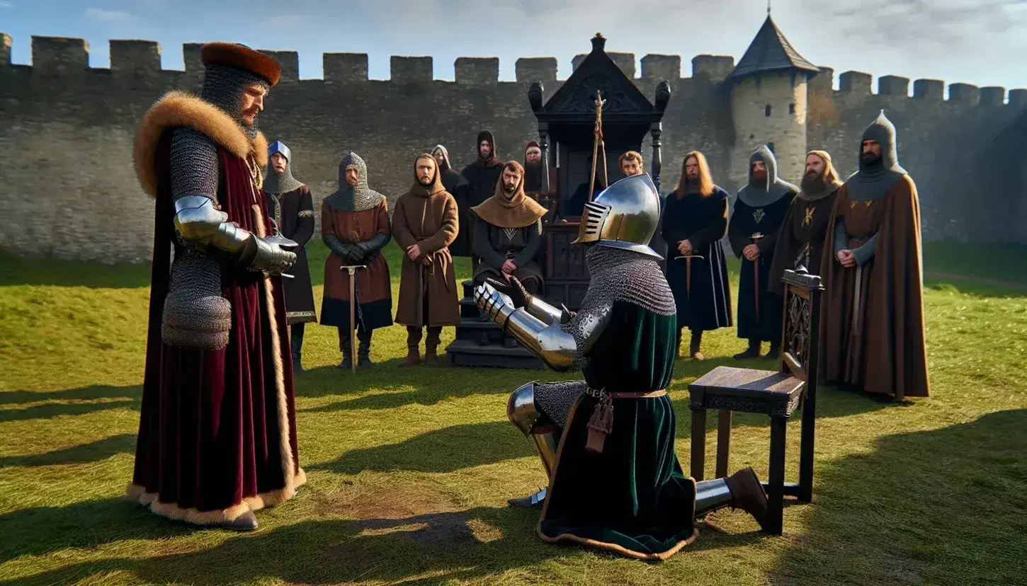Cavaliere in armatura inginocchiato davanti a signore su trono in scena medievale esterna con castello sullo sfondo e spettatori.
