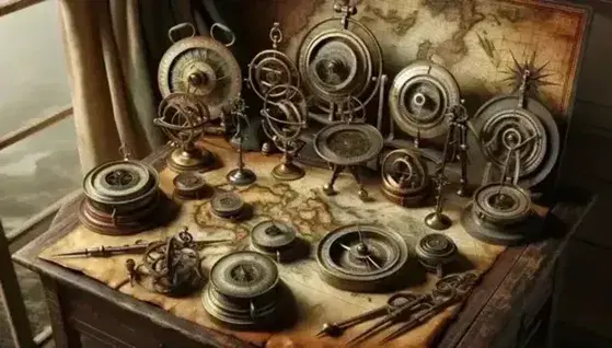 Collection of antique navigation tools on wooden table, including compasses, astrolabes and sextants, next to a shaded parchment map.