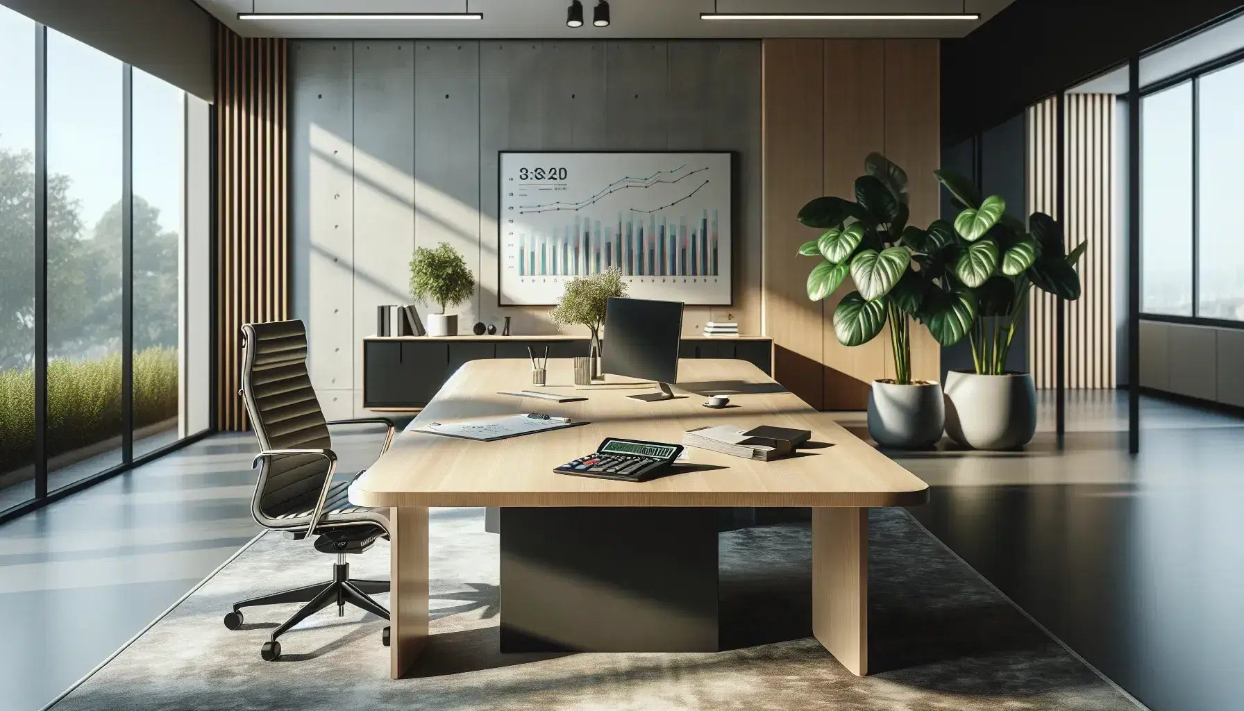 Oficina moderna con mesa de madera, calculadora, gráficos impresos, silla ergonómica negra, planta interior y ventana grande.