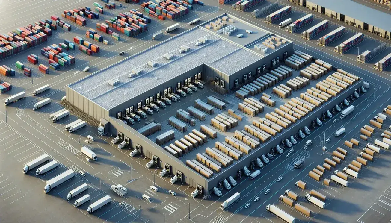 Vista aérea de centro de distribución logístico con almacén, camiones de carga en bahías y estanterías con cajas en día soleado.