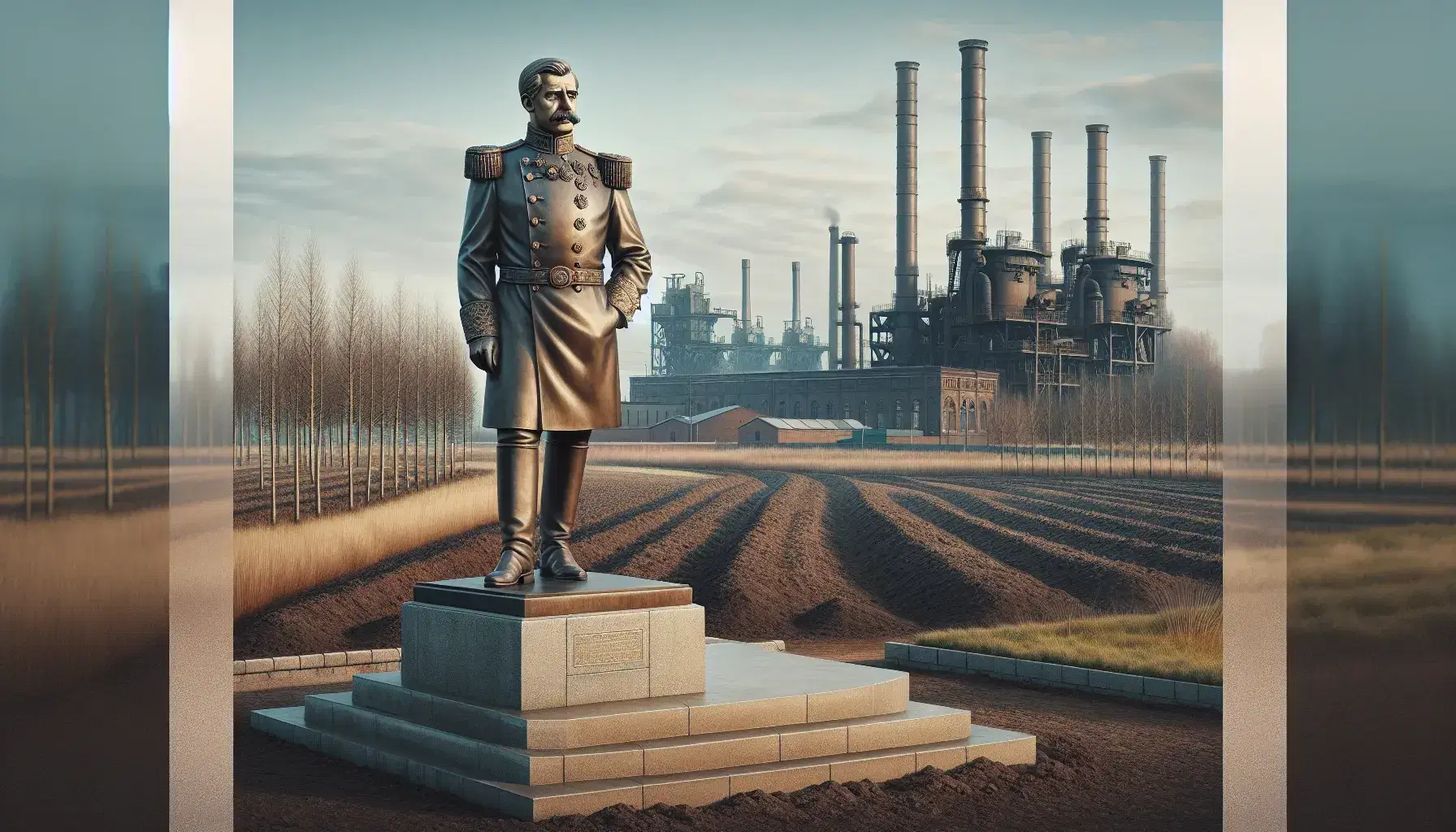 Statua in bronzo di leader militare del XX secolo in atteggiamento riflessivo su piedistallo, con sfondo di strutture industriali e alberi spogli.