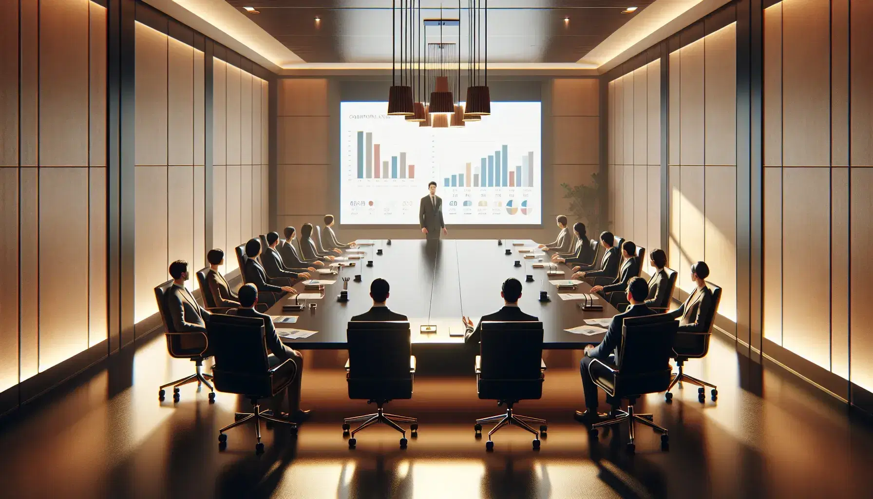 Sala de juntas corporativa con mesa de madera oscura, sillas de cuero negro y personas en traje discutiendo gráficos de colores en pantalla blanca.