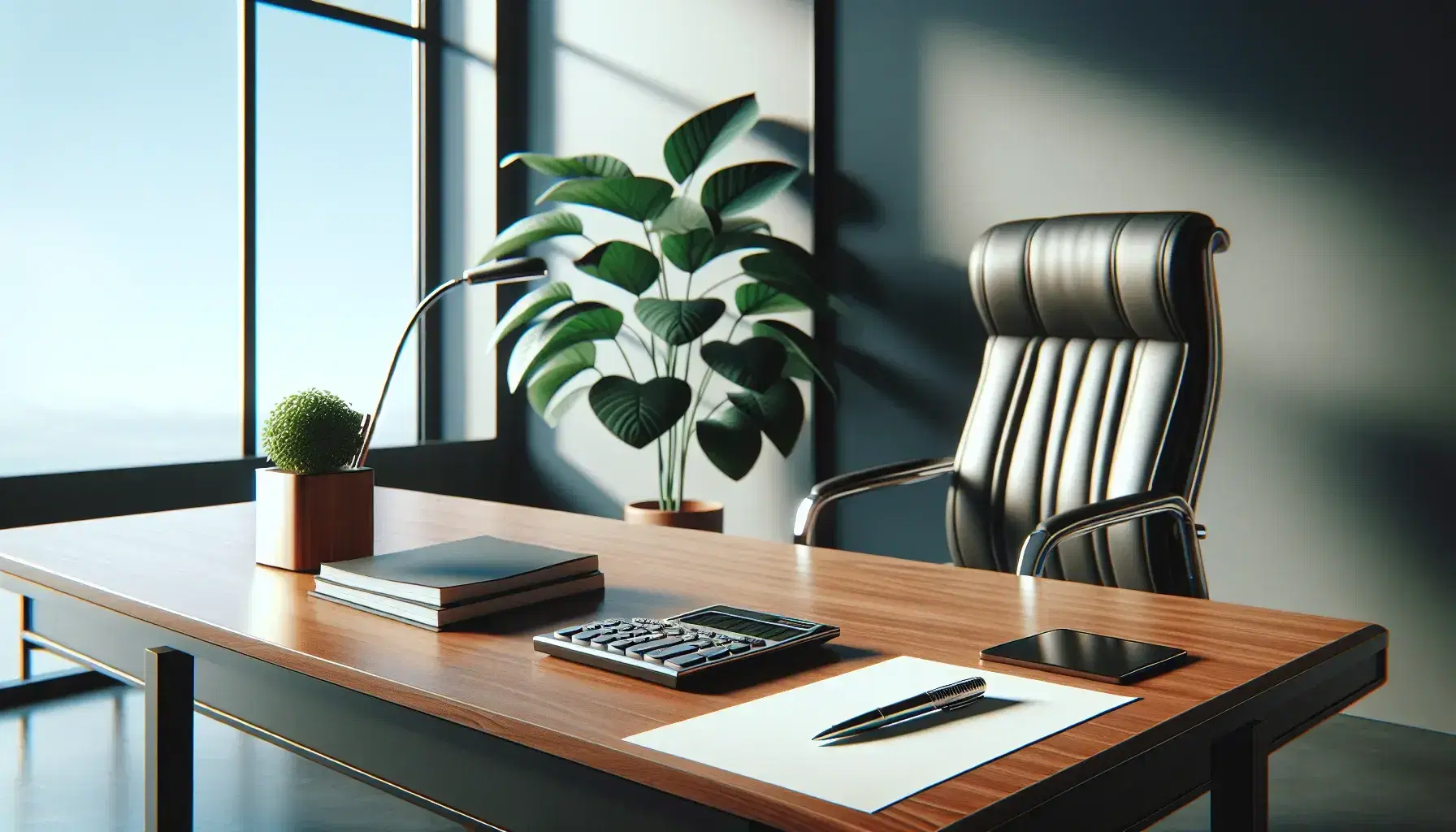 Organized office with polished wooden desk, modern calculator, white paper stack, metallic pen, black leather chair, and potted plant by a window with blue sky.