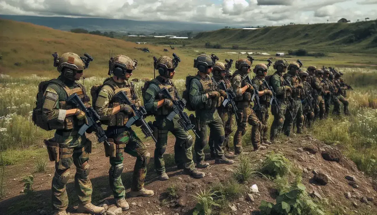 Grupo de soldados en formación con uniformes de camuflaje y equipamiento táctico en terreno natural con vegetación baja y cielo parcialmente nublado.