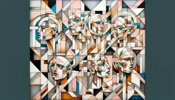 Dipinto astratto cubista con cinque figure femminili geometriche in toni di rosa, blu e beige senza simboli leggibili.