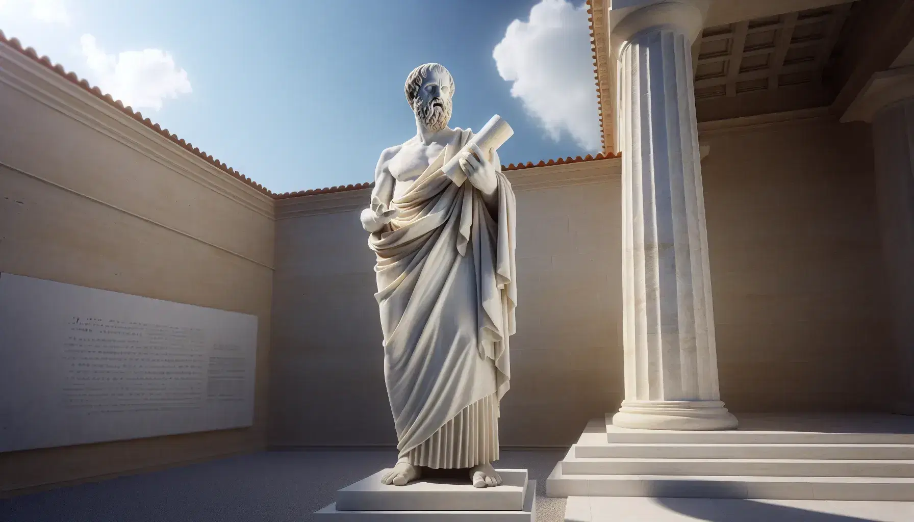 Estatua de mármol blanco de Platón con túnica y papiro, mano derecha alzada, frente a cielo azul y columnas dóricas.