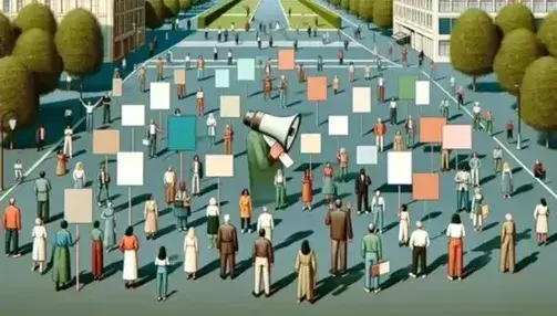 Diverse group gathered in a park with one person speaking through a megaphone, others holding blank colorful placards, under a clear blue sky.