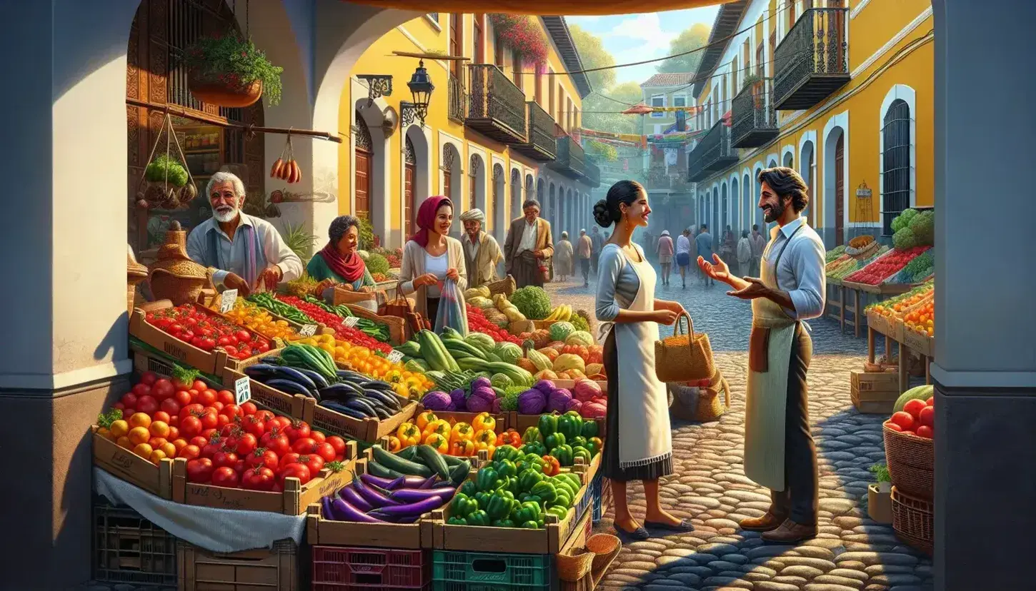 Vibrant outdoor market scene with colorful produce on display, a vendor engaging with a customer, and diverse shoppers in a quaint street setting.