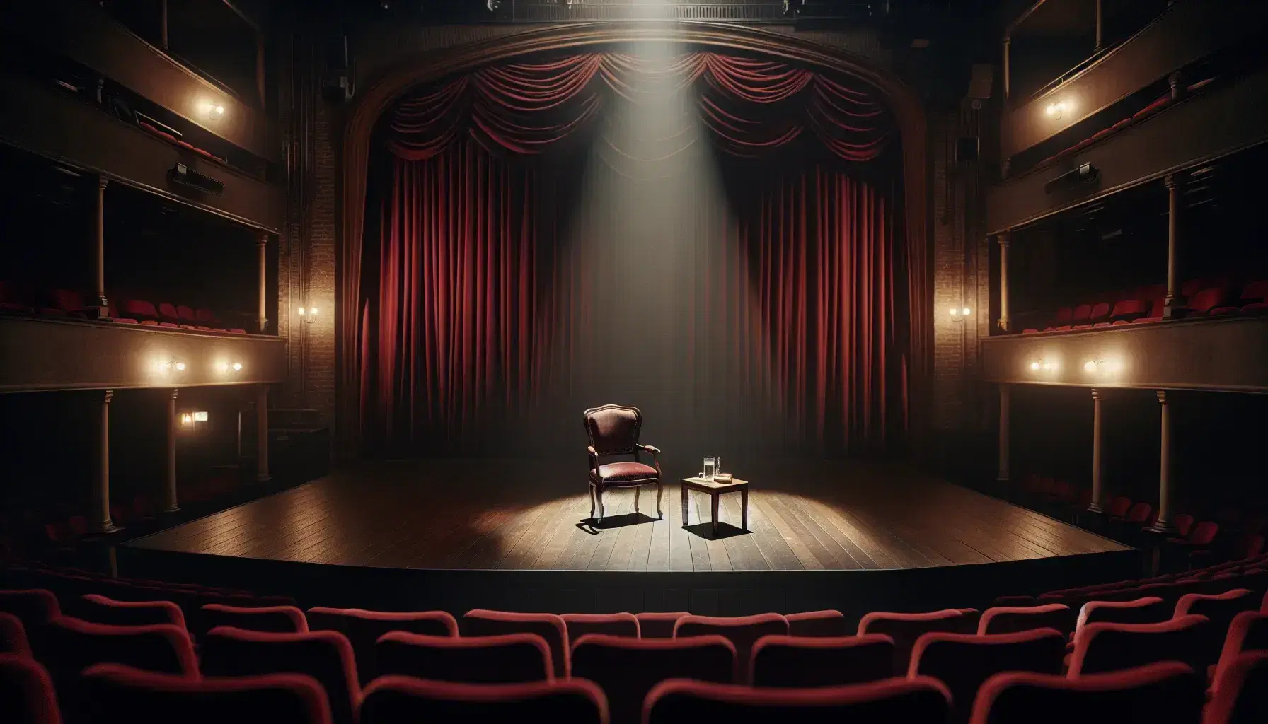 Escenario de teatro vacío con cortinas rojas entreabiertas, silla de madera con respaldo alto y mesa con libro y vaso de agua bajo iluminación suave.