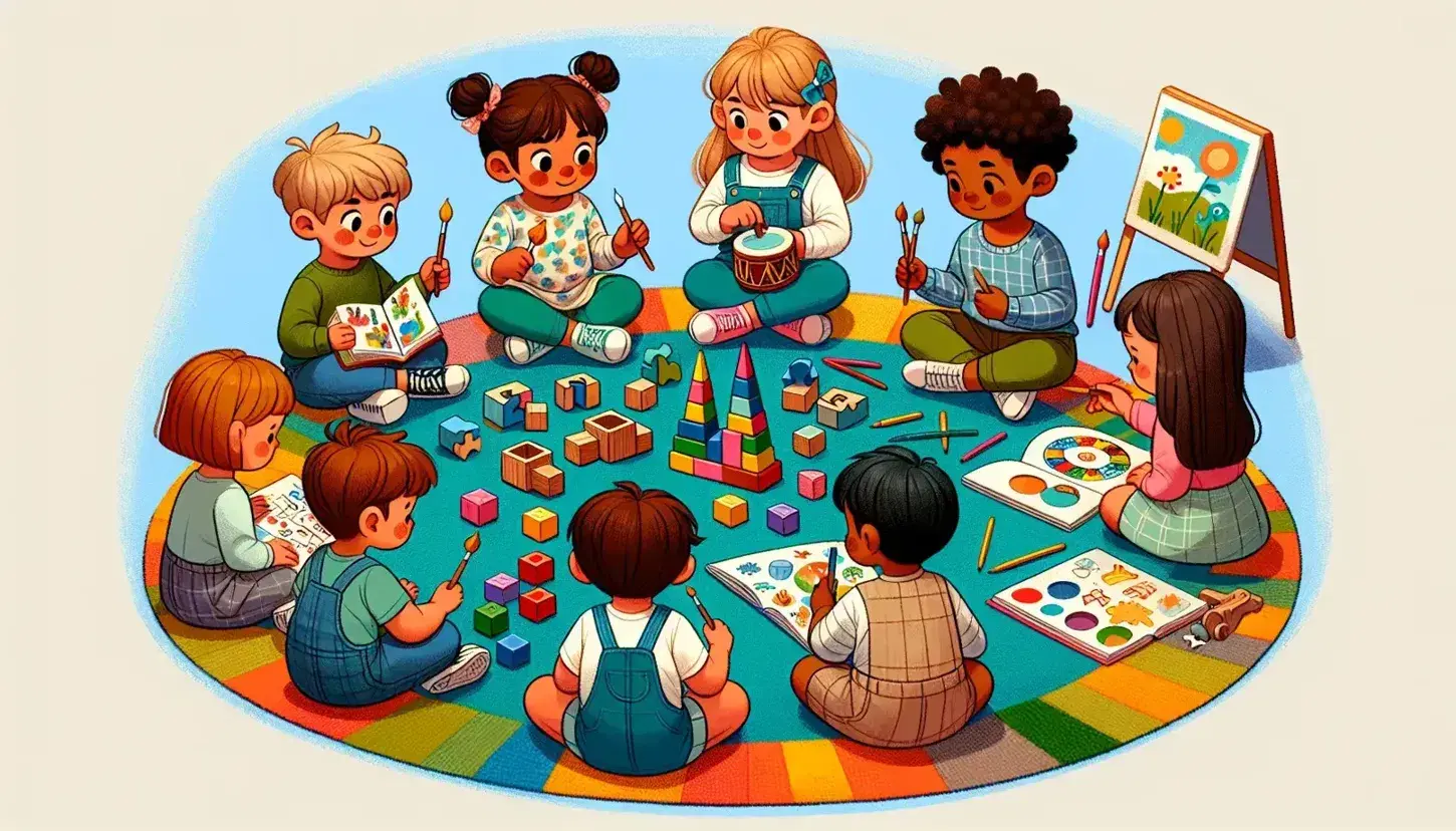Bambini di diverse etnie seduti in cerchio su tappeto colorato in classe, impegnati in attività creative come pittura, costruzioni, lettura e robotica.
