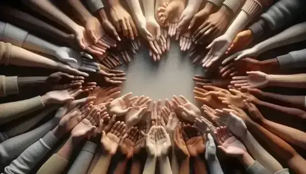 Mani di diverse etnie unite in cerchio simboleggiano unità e diversità, con sfondo neutro sfocato e illuminazione soffusa.