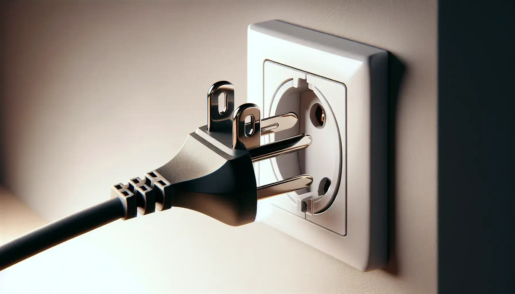 Close-up of a black three-pronged power plug partially inserted into a white wall socket on a beige wall, poised to establish an electrical connection.