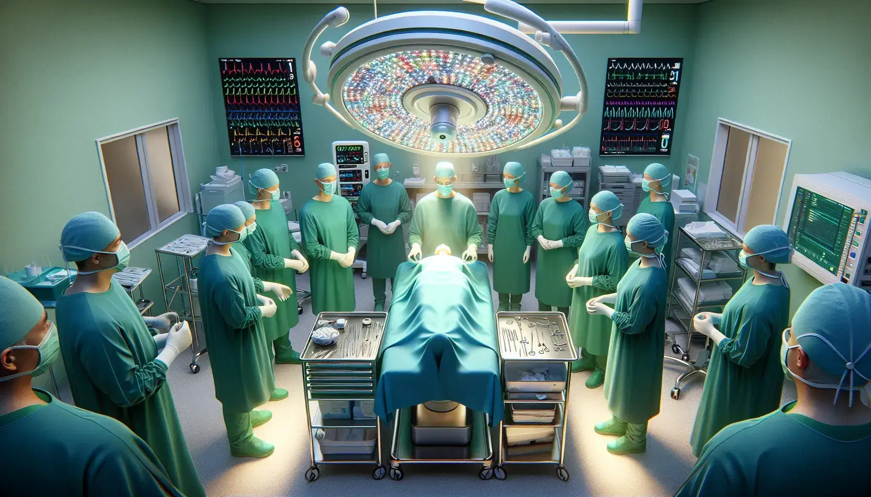 Equipo médico realizando cirugía en quirófano con paciente cubierto por sábanas azules, iluminado por lámpara quirúrgica y monitor de signos vitales al lado.
